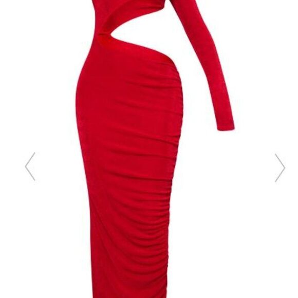 RED ACETATE CUT OUT ONE SHOULDER MAXI DRESS - Size 4 - Picture 2 of 8